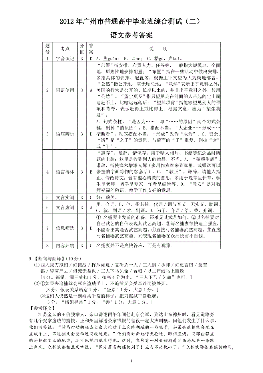 (语文答案)2012年广州市普通高中毕业班综合测试_第1页