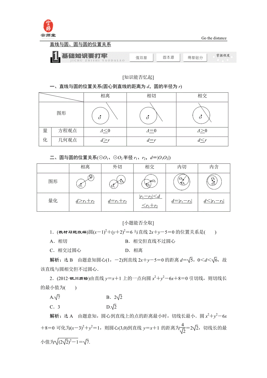 《三维设计》2014届高考数学一轮复习教学案(基础知识+高频考点+解题训练)直线与圆、圆与圆的位置关系_第1页