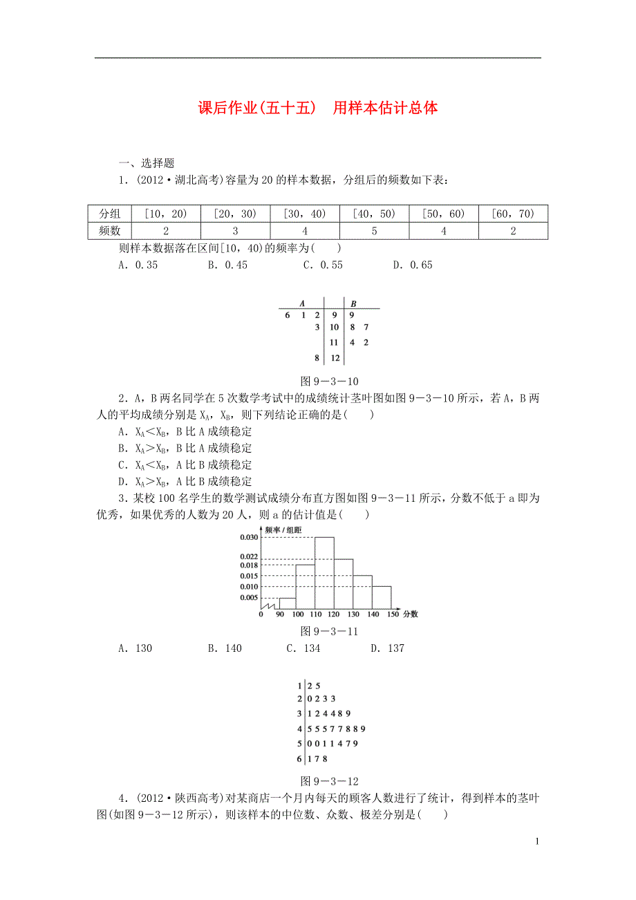 【课堂新坐标】（广东专用）2014高考数学一轮复习 课后作业（五十五）用样本估计总体 文_第1页