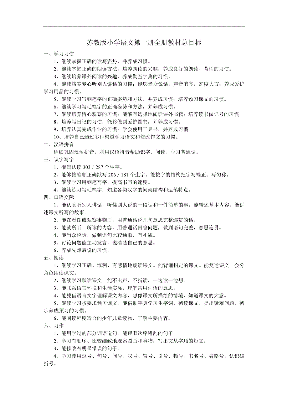 苏教版小学语文第十册全册教材总目标_第1页