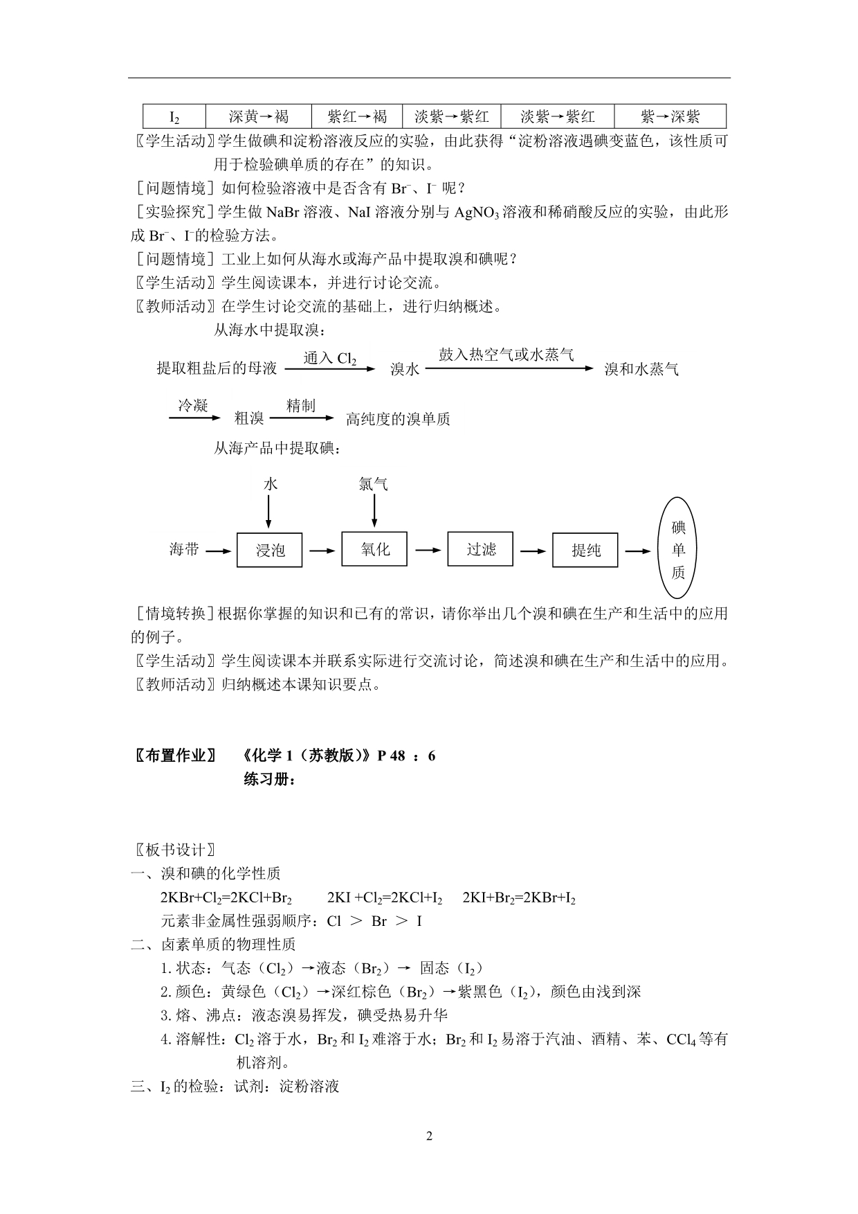 2013-2014学年高一化学苏教版必修一：2.1.4 溴、碘的提取 教案_第2页