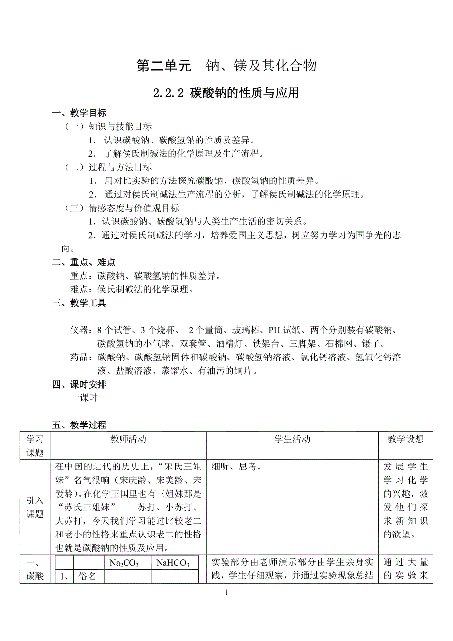 2013-2014学年高一化学苏教版必修一：2.2.2 碳酸钠的性质与应用 教案1_第1页