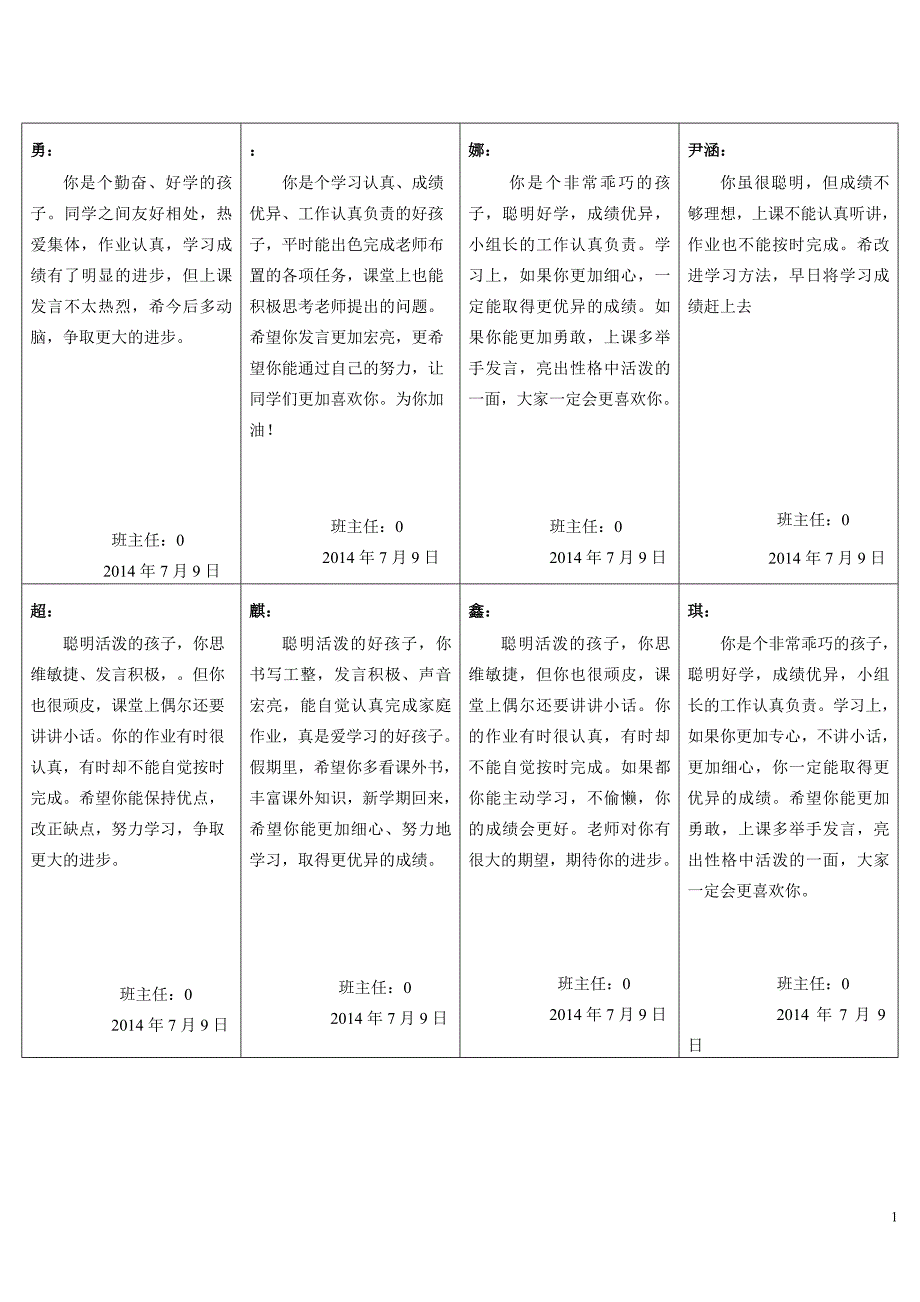 2013-2014学年度第二学期小学二年级学生评语2_第1页