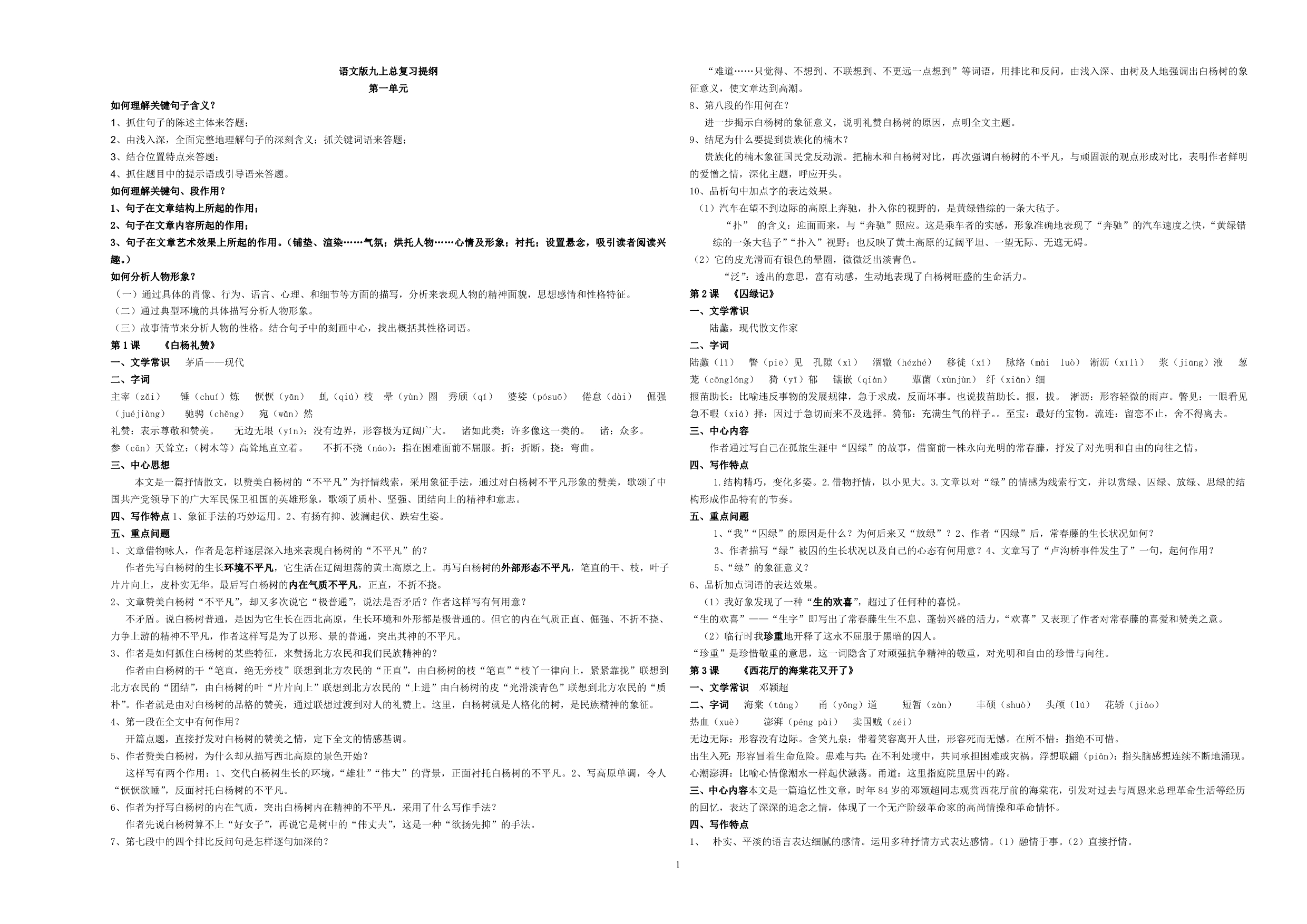 语文版语文九上定稿复习提纲_第1页