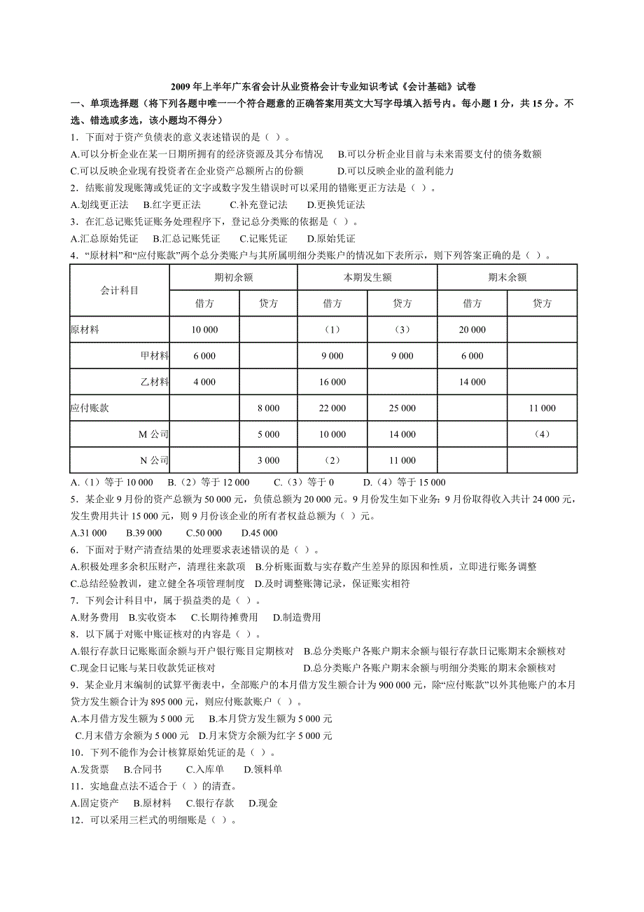 2009年上半年广东省会计从业资格会计专业知识考试_第1页