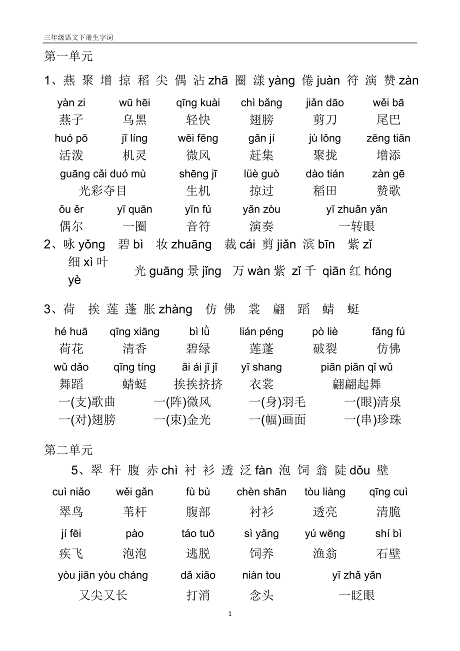 人教版三年级语文下册带拼音生字和词语表_第1页