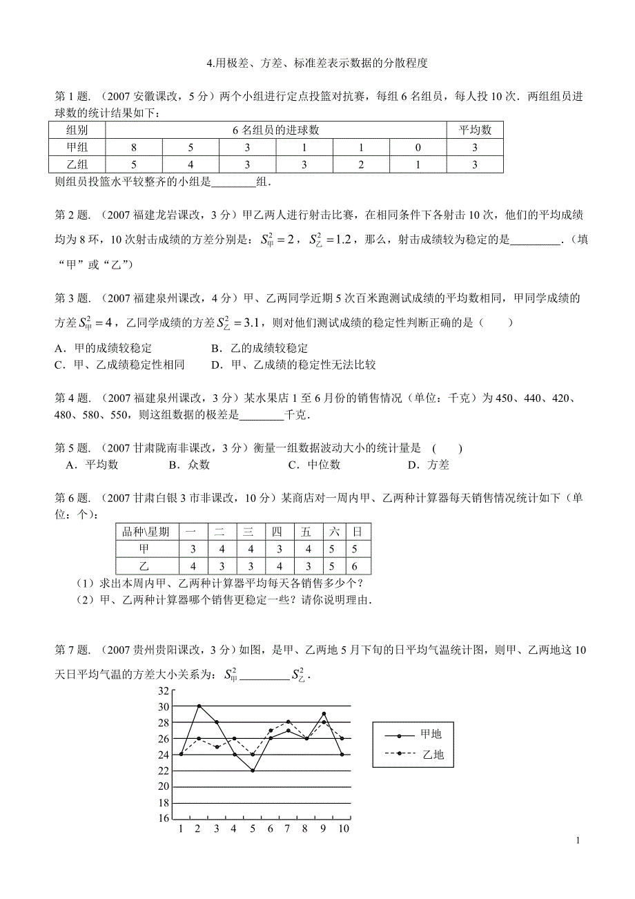 2007中考真题分类汇编用极差、方差、标准差表示数据的分散程度_第1页