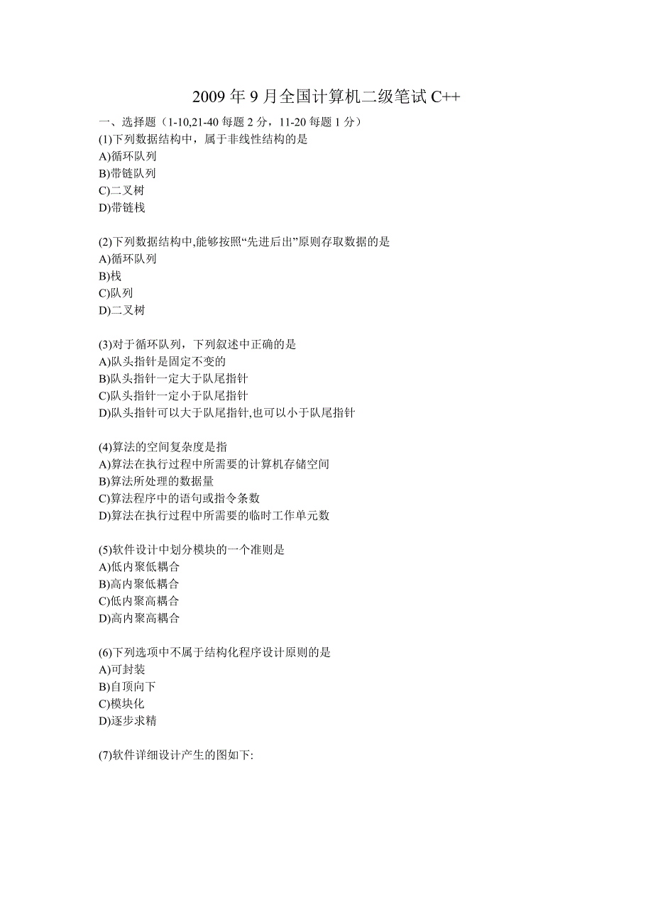 2009年全国计算机二级笔试C试题及答案_第1页