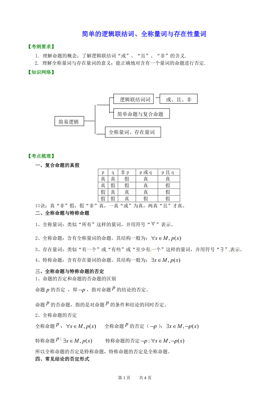 北京四中 高考数学总复习：知识梳理_简单的逻辑联结词、全称量词与存在性量词_第1页