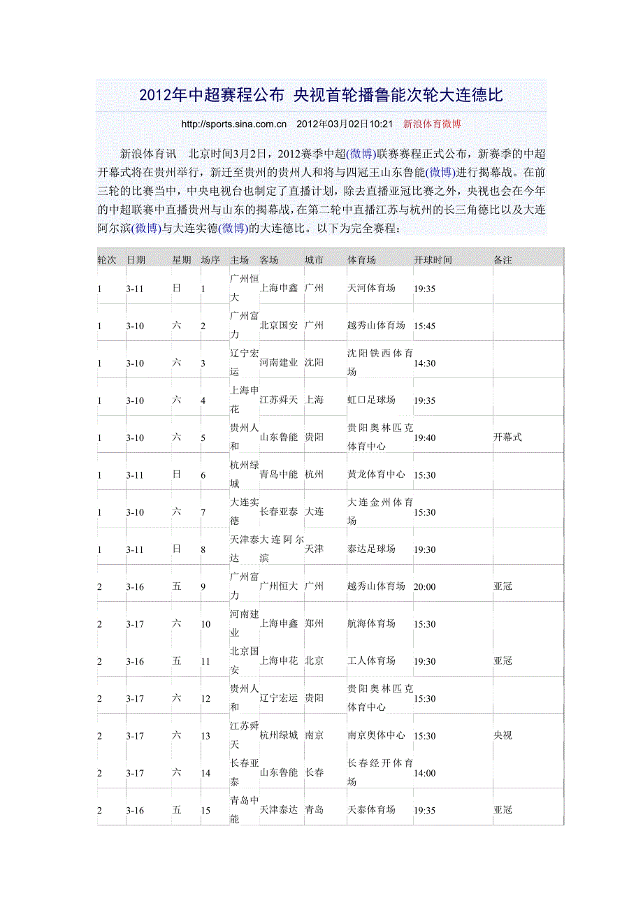 2012年中超赛程公布_第1页