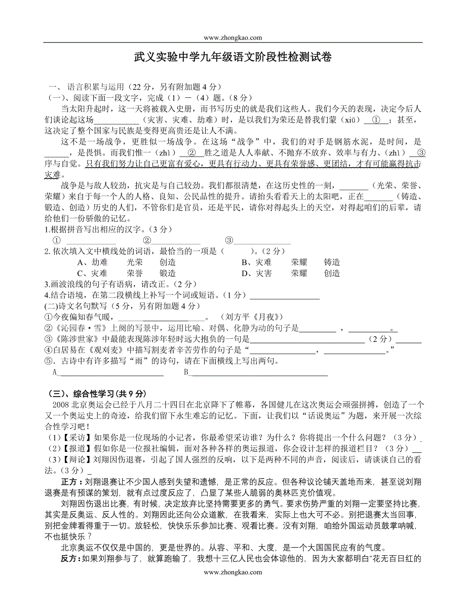 武义实验中学九年级语文阶段性检测试卷_第1页