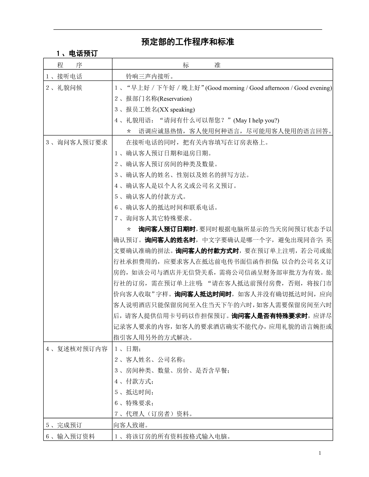 预定部的工作程序和标准_第1页