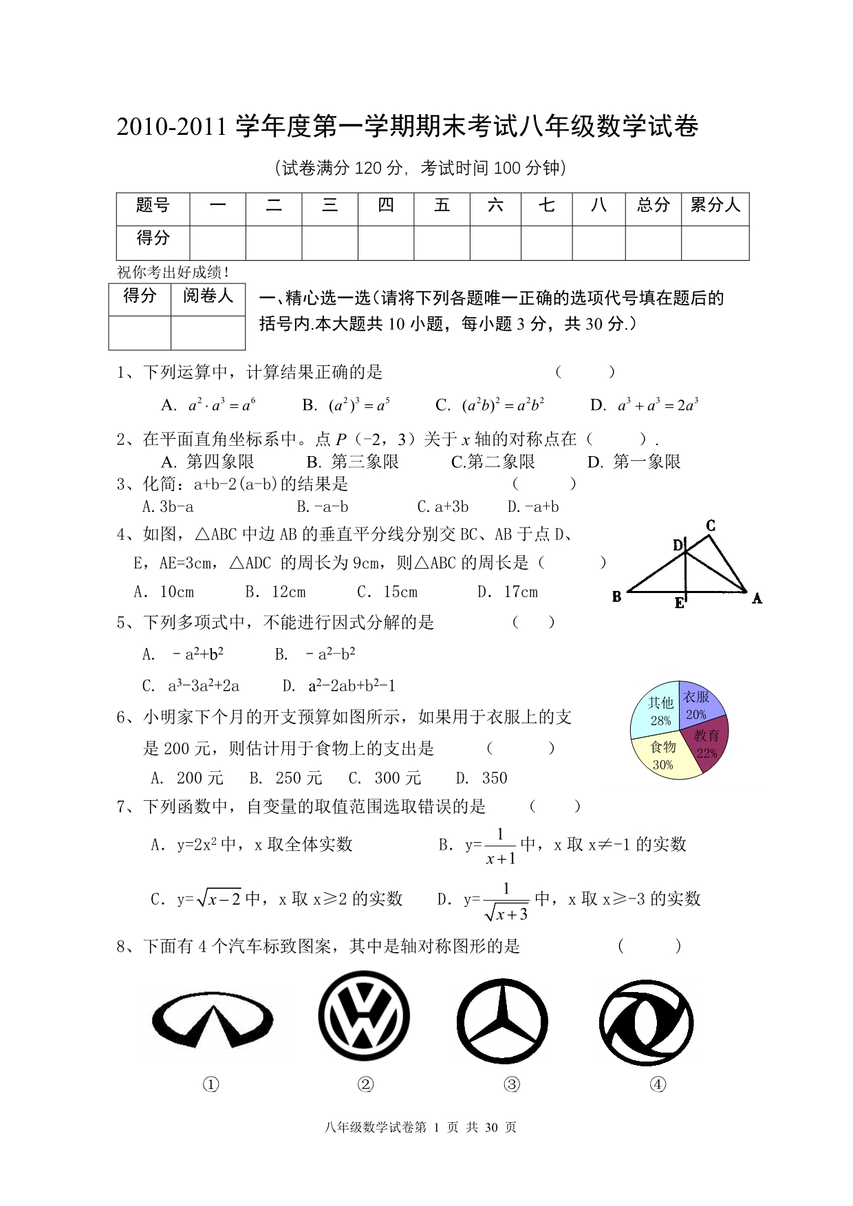 人教版八年级上数学期末考试试卷(5套)_第1页