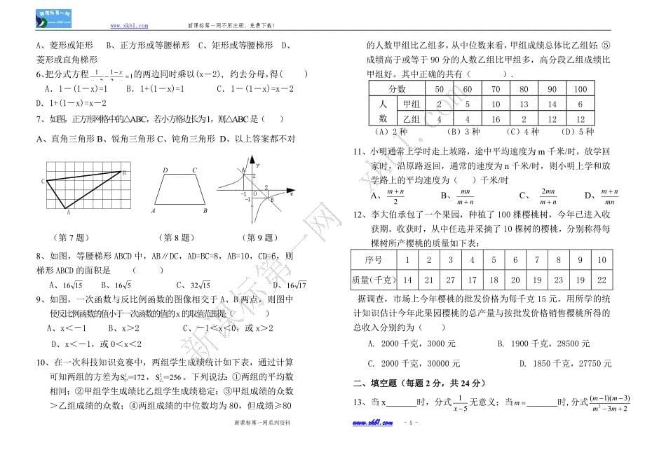 人教版八年级下册数学期末试卷1及答案_第5页