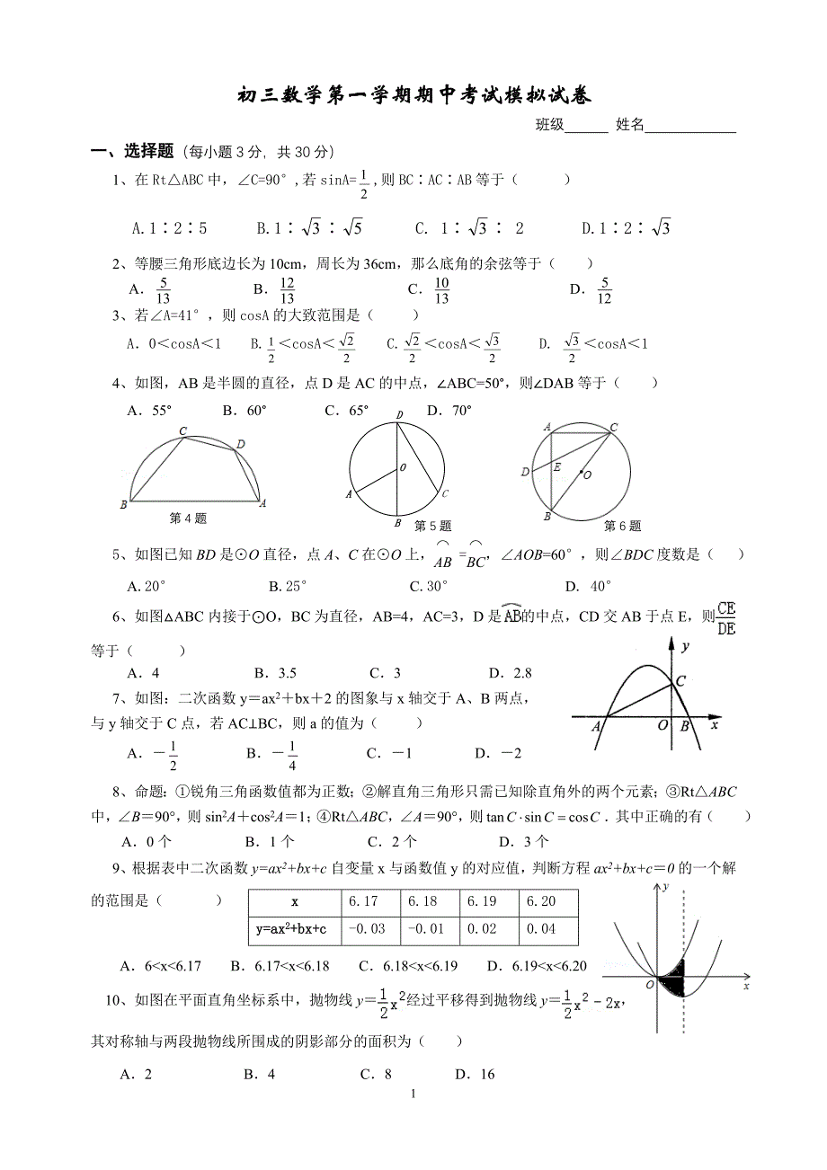 初初三数学第一学期期中考试模拟试卷_第1页