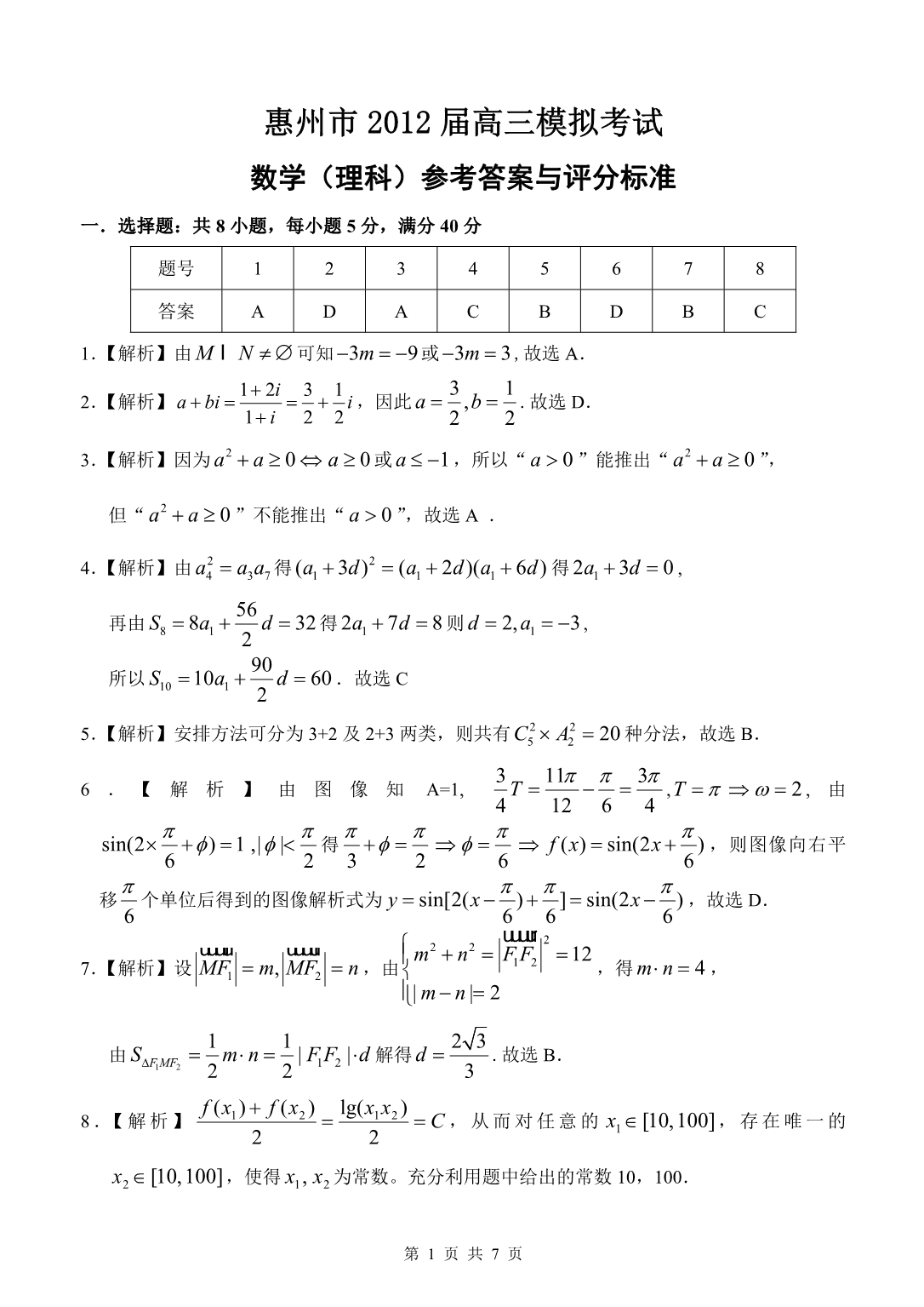惠州市2012届高三一模考试数学(理科)试题答案_第1页