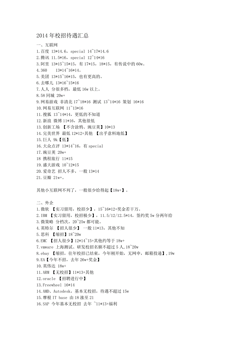 2014校招薪资待遇汇总_第1页