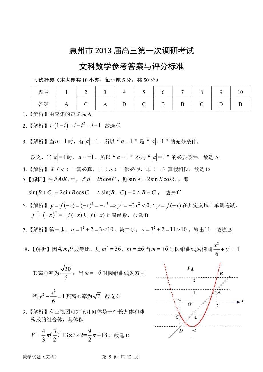 惠州市2013届高三第一次调研考试文科数学_第5页