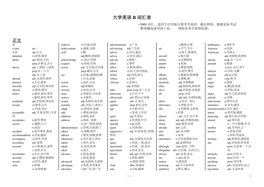 电大网考B级英语单词整理-打印版_第1页