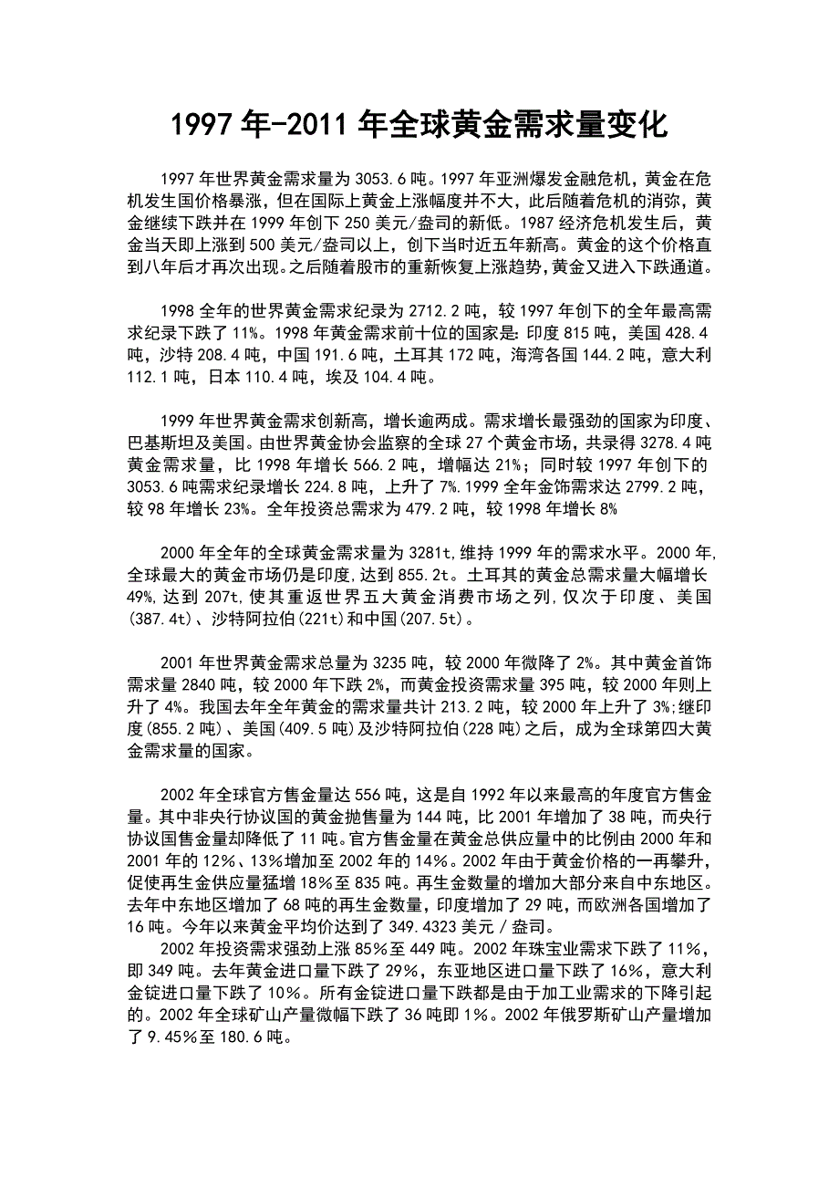 1997年-2011年全球黄金需求量变化_第1页