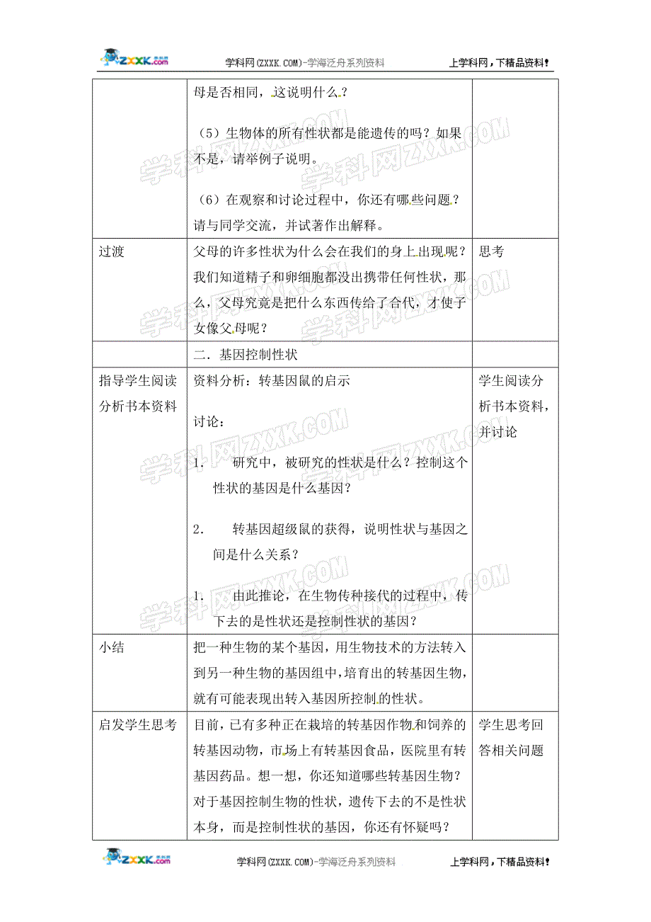 生物：第七单元第二章第一节基因控制生物的性状教案(人教版八年级下)_第3页