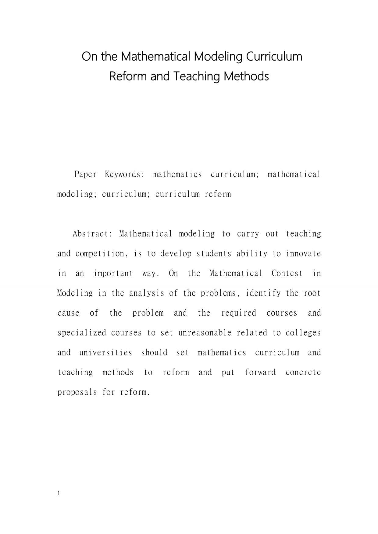 On the Mathematical Modeling Curriculum Reform and Teaching Methods-毕业论文翻译_第1页