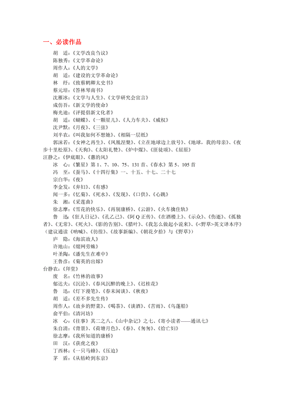 中国现代文学史必读作品和参考文献_第1页