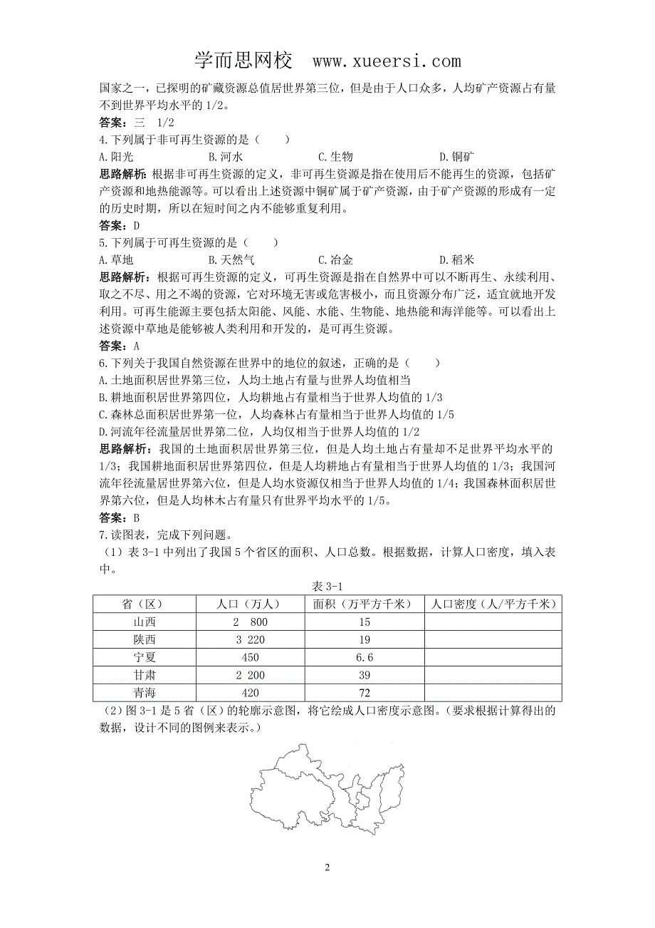 新人教地理8年级上：同步试题(自然资源的基本特征)_第2页