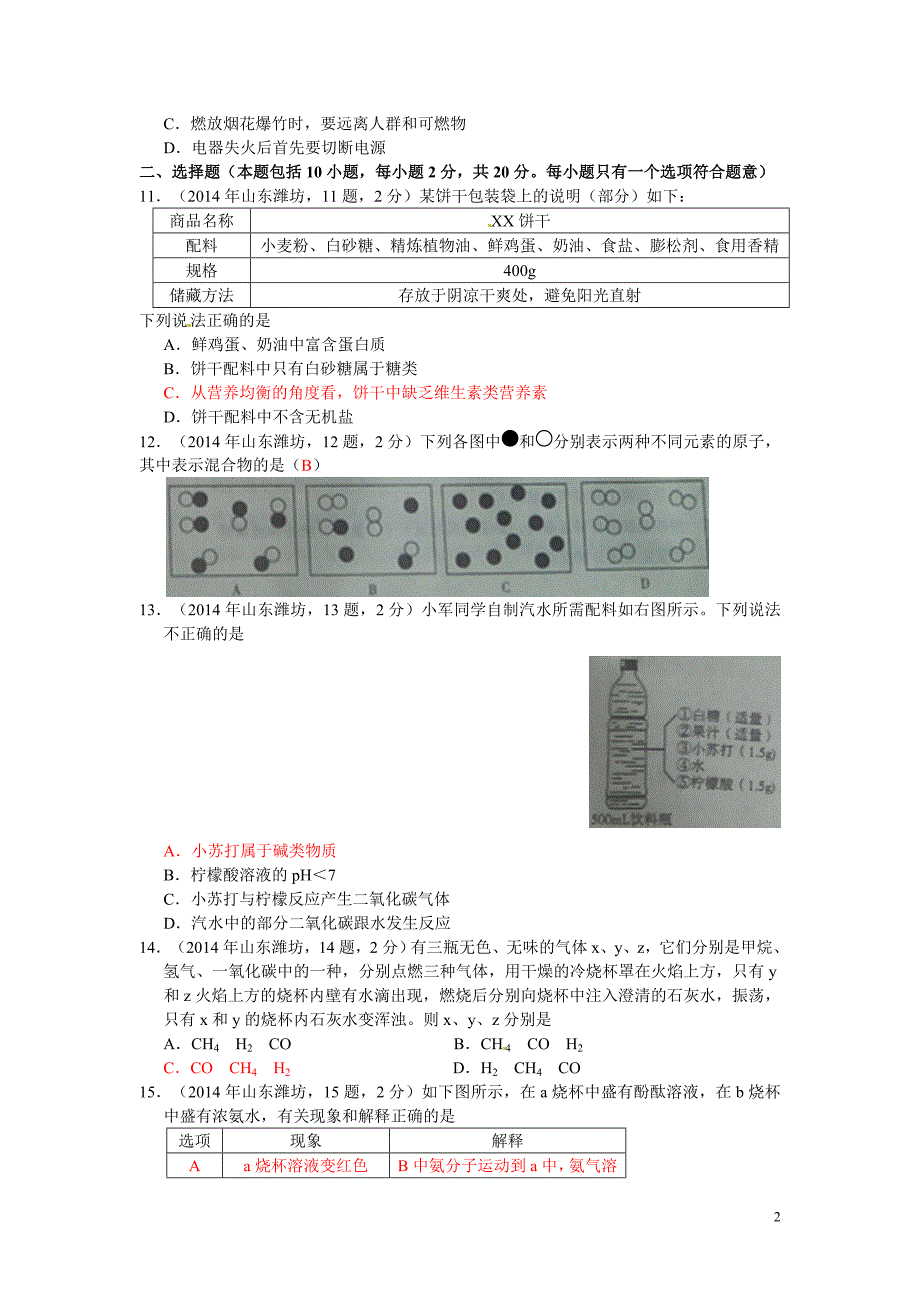 2014年潍坊市初中学业水平考试化学试题及答案_第2页