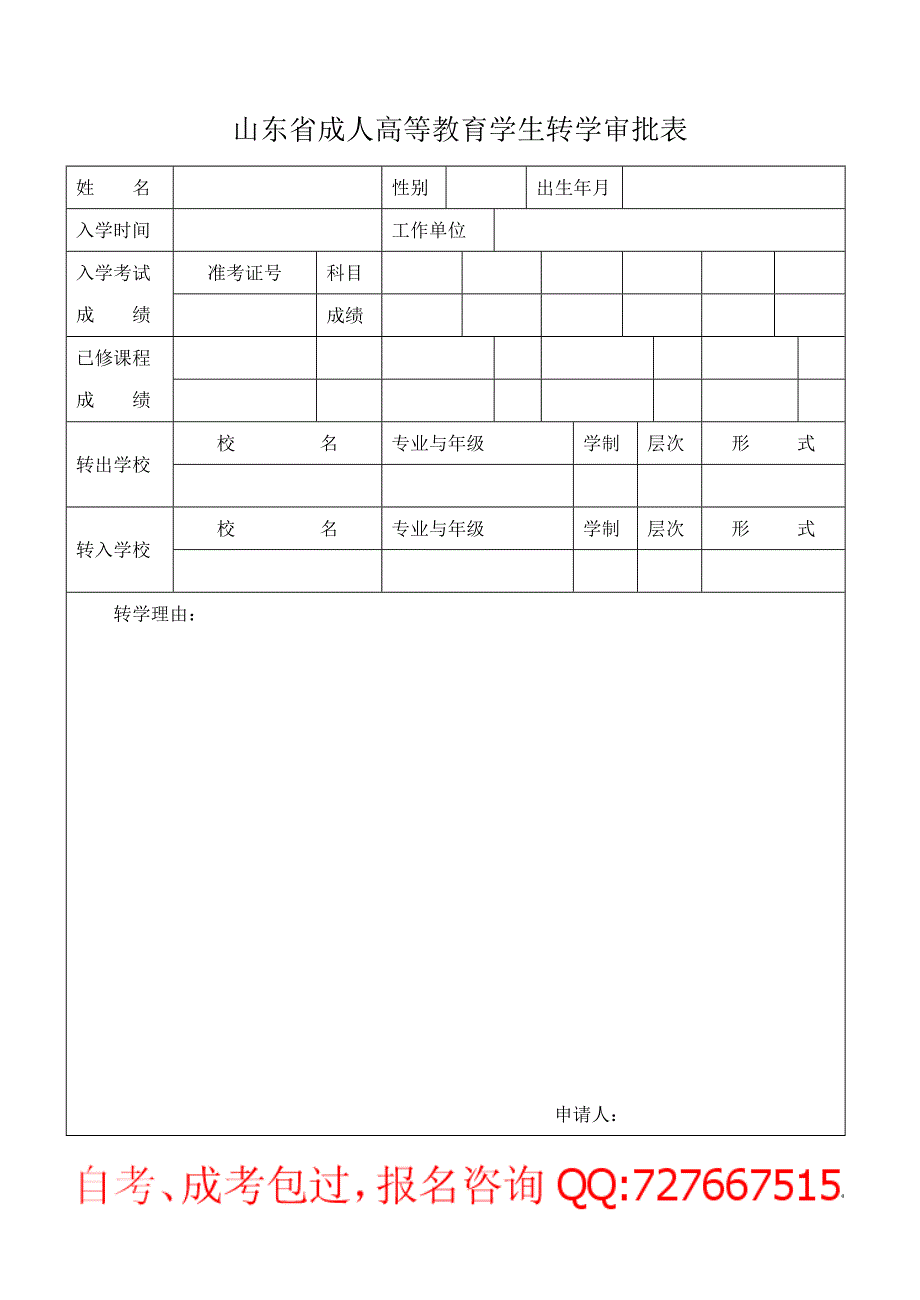 山东省成人高等教育学生转学审批表_第1页