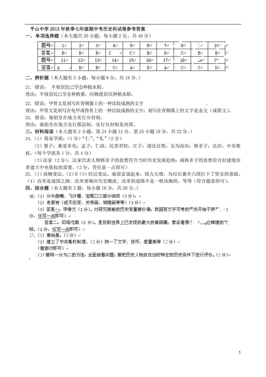 福建省晋江市平山中学2013-2014学年七年级历史上学期期中测试题 新人教版_第5页