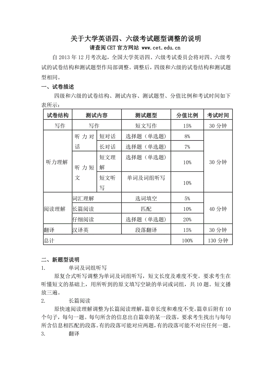 关于大学英语四、六级考试题型调整的说明_第1页