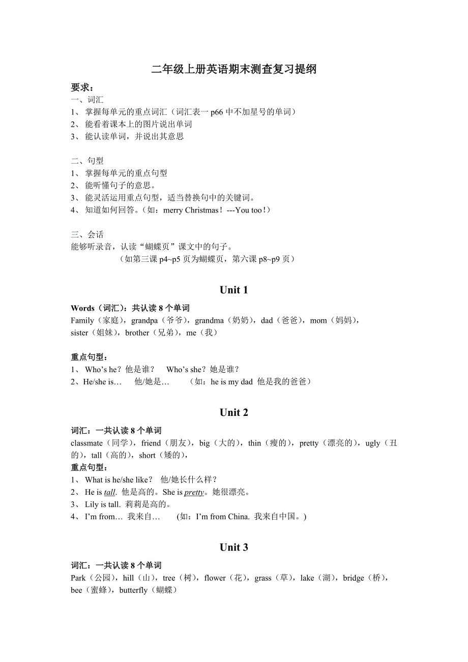 二年级上册英语期末测查复习提纲_第1页