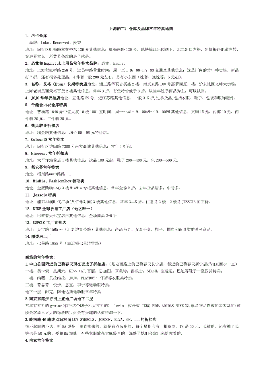 上海的工厂仓库及品牌常年特卖地图_第1页