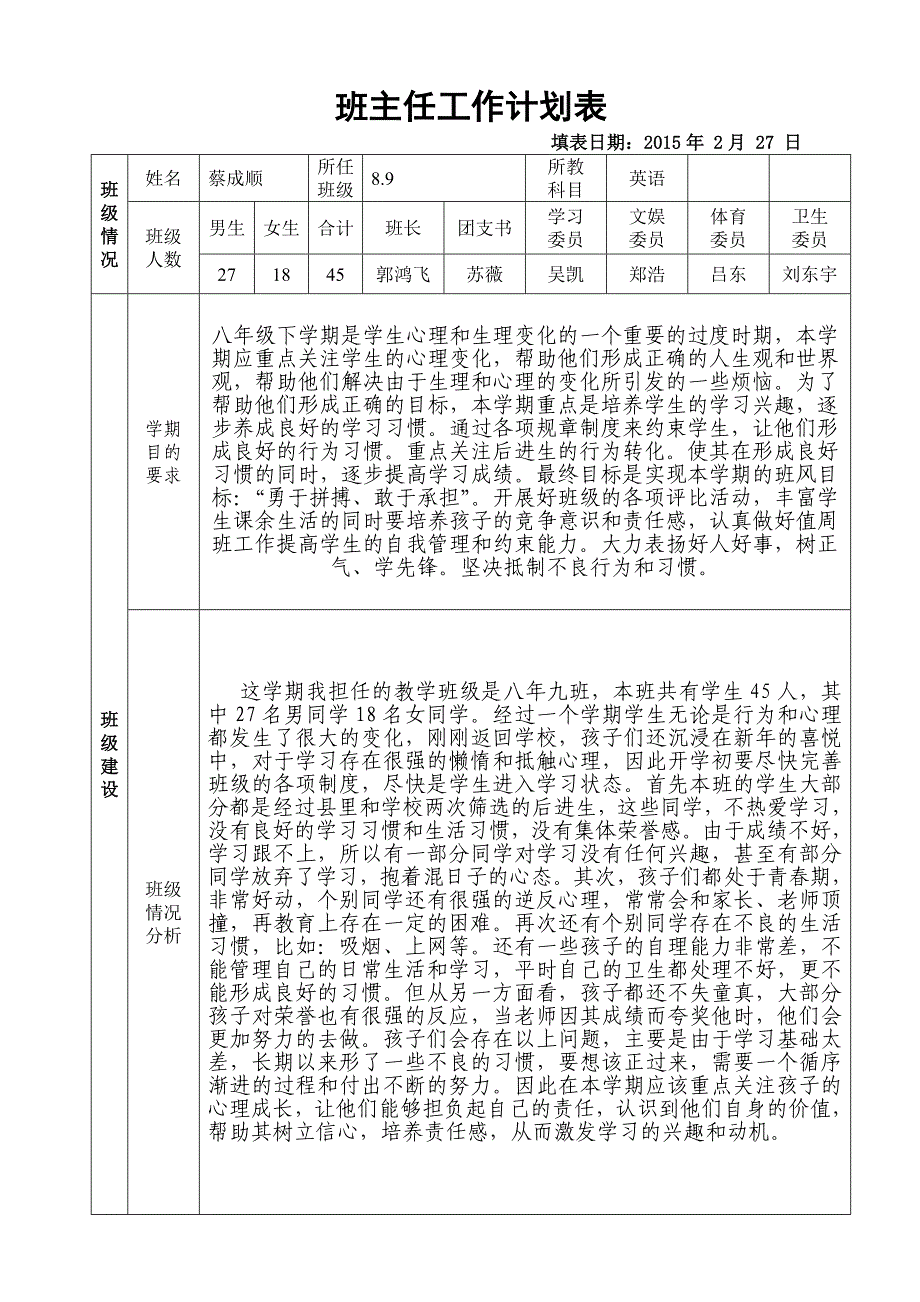 班主任工作计划表2015_第1页