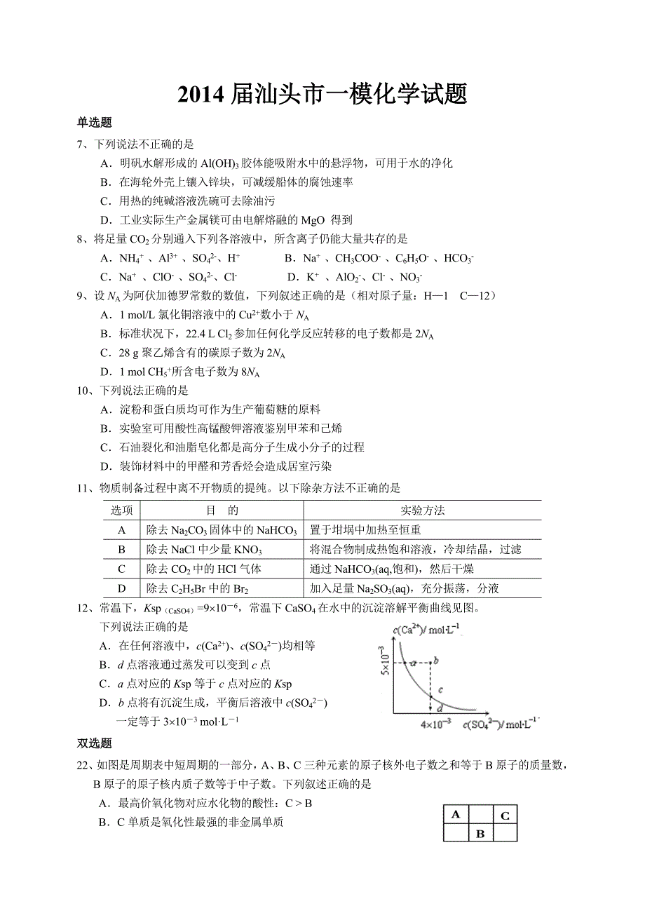 【广东省各市一模2014汕头一模】广东省汕头市2014届高三高考模拟化学试题 含答案_第1页