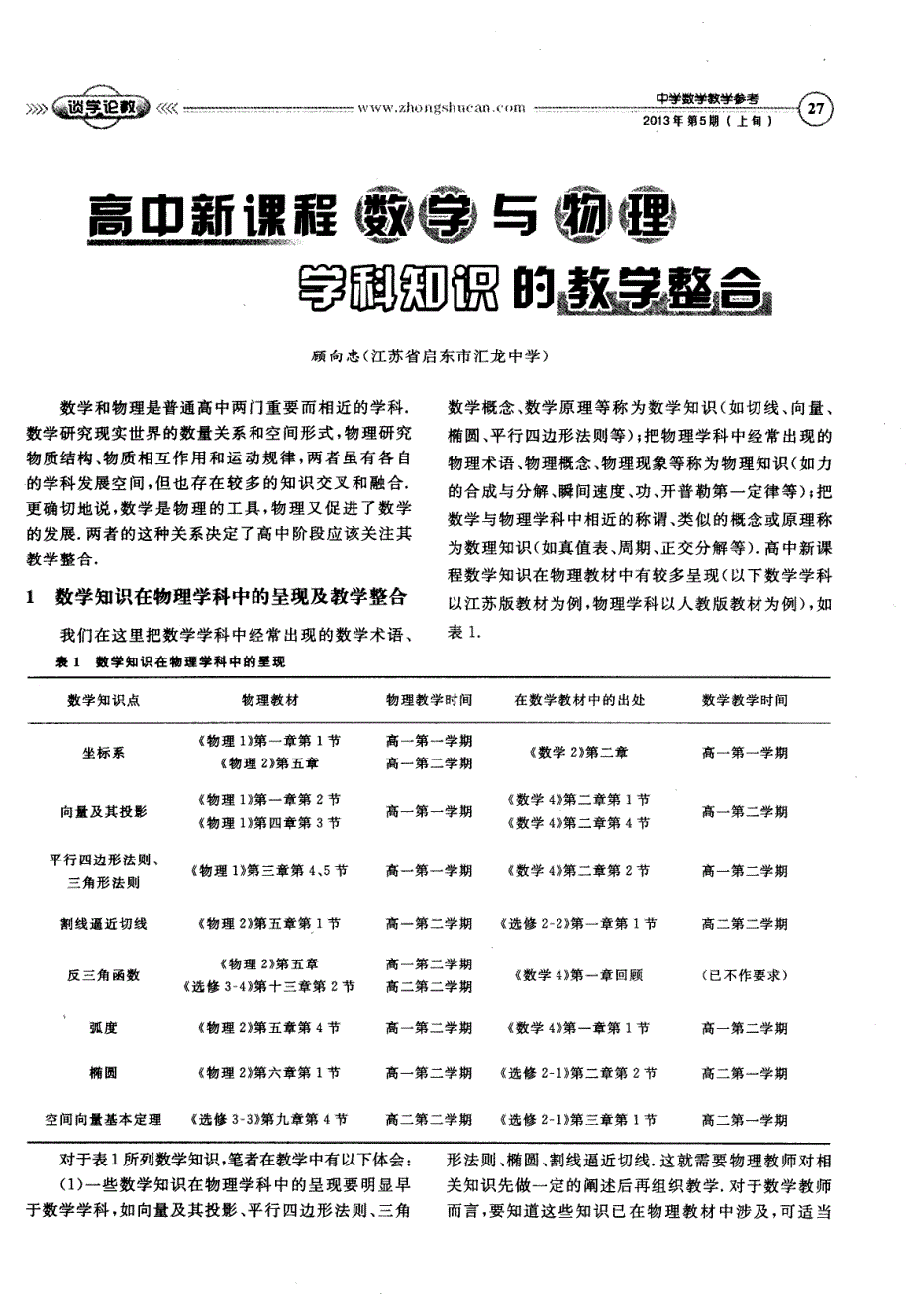 高中新课程数学与物理学科知识的教学整合_第1页