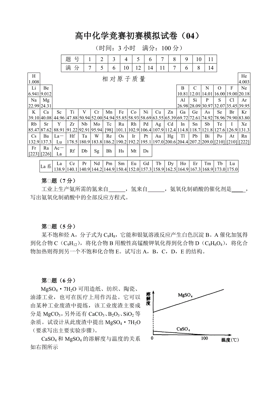 全国高中化学竞赛模拟题04_第1页