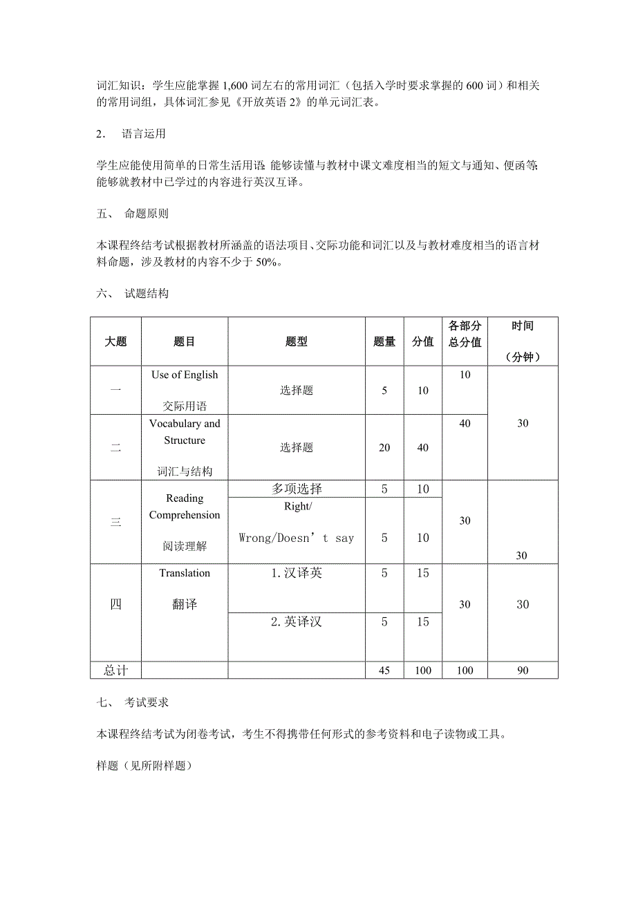 英语I(2)考核说明及样题_第2页