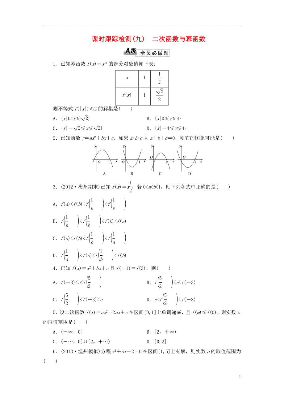 【三维设计】2014高考数学一轮复习 课时跟踪检测（九）二次函数与幂函数 理 新人教A版 _第1页