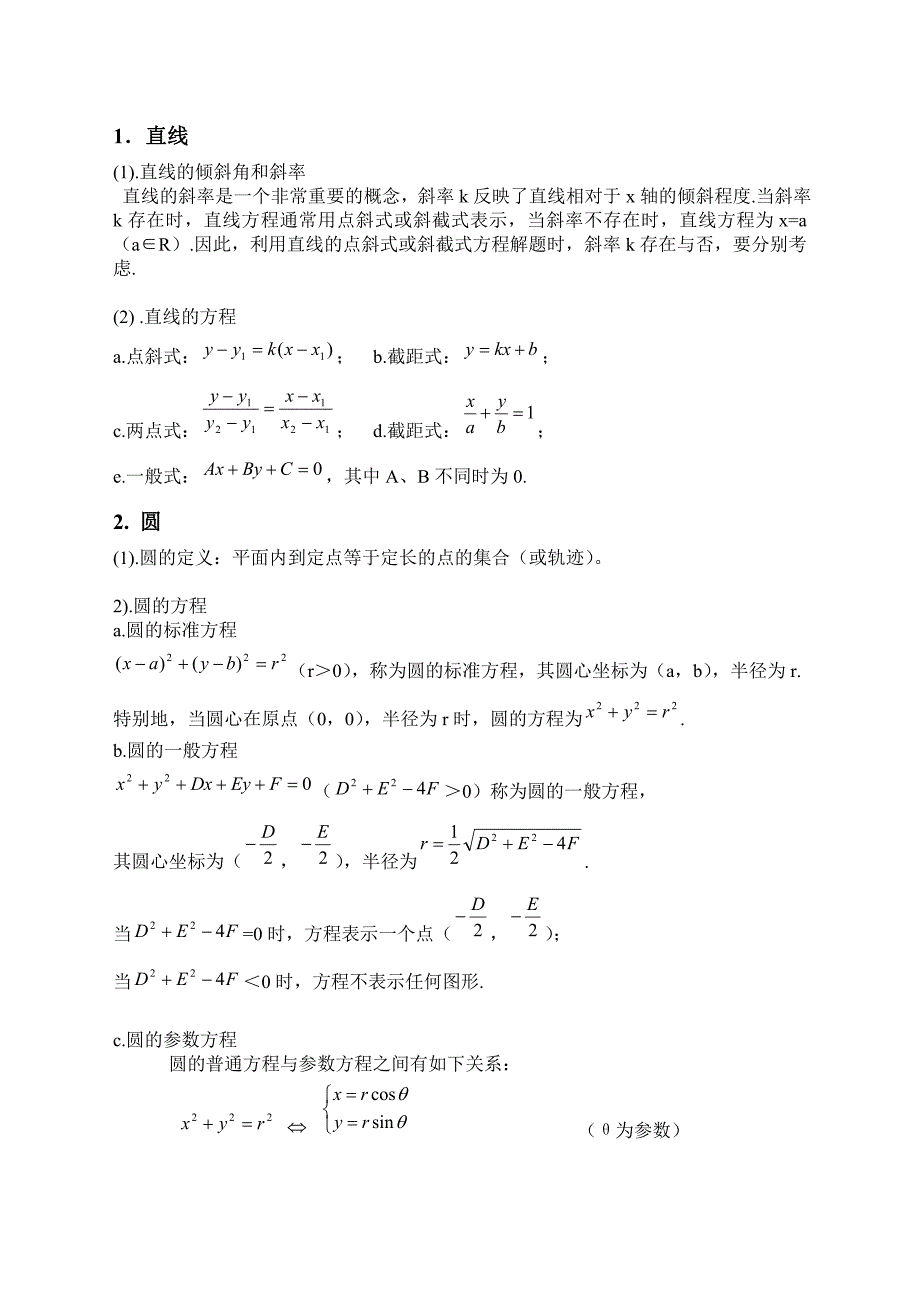 直线、圆锥曲线方程及性质常用结论_第1页