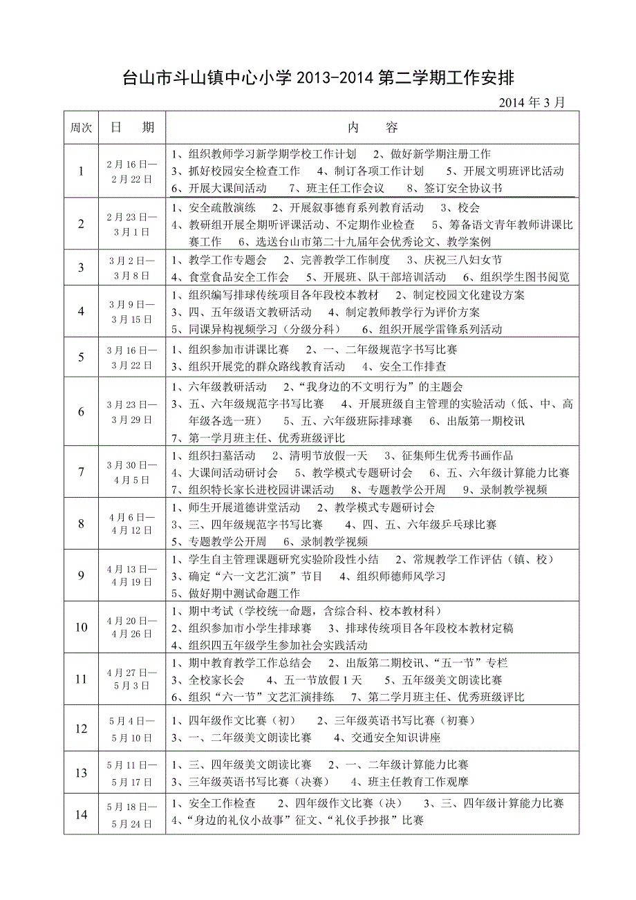 2013-2014第二学期工作安排(行事历)_第1页