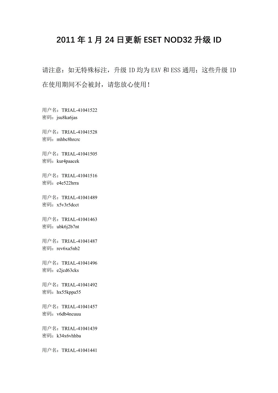 2011年1月24日更新ESETNOD32升级ID_第1页