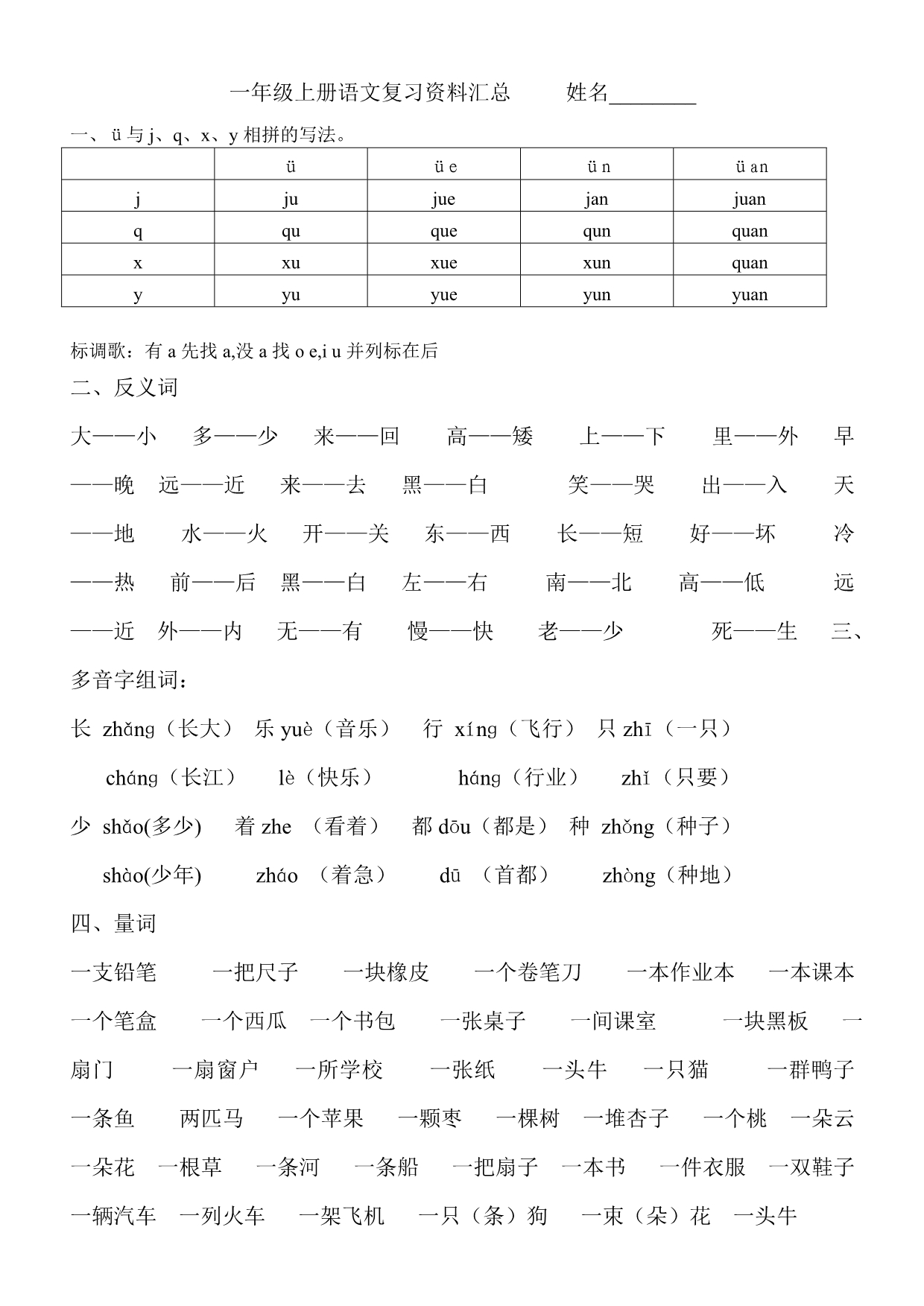 一年级上册语文复习资料汇总_第1页