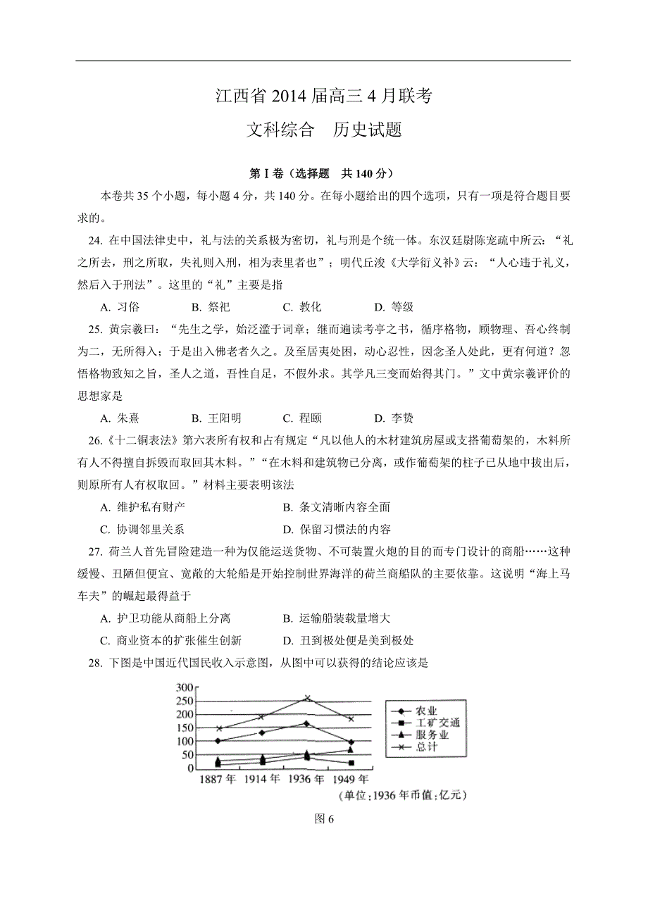 江西省2014届高三4月联考历史试题版含答案_第1页