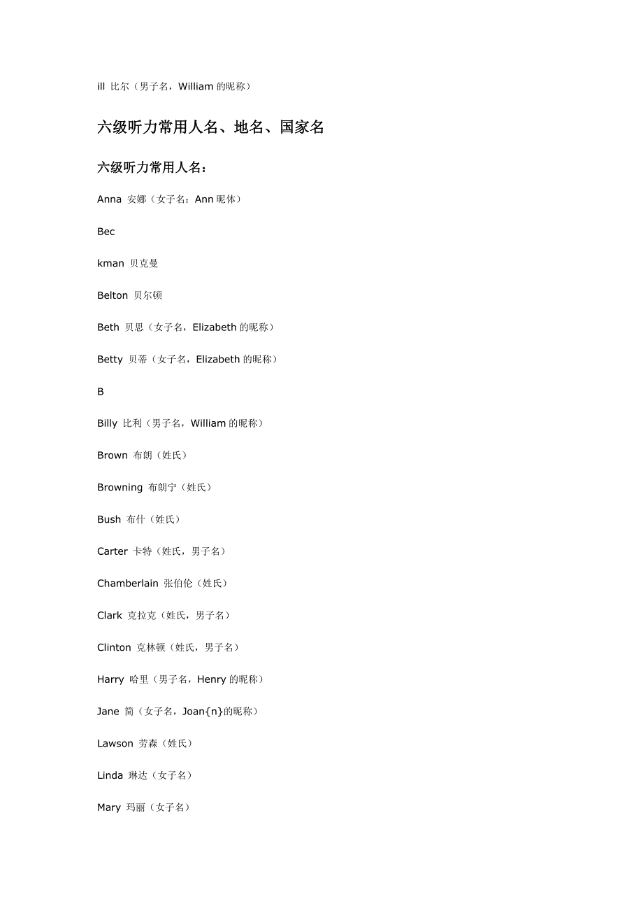 22六级听力常用人名、地名、国家名_第1页