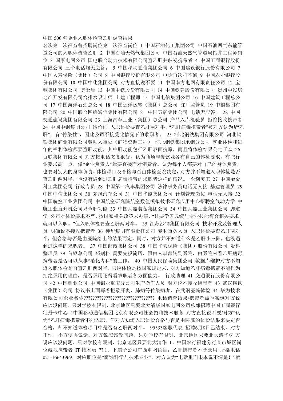 中国500强企业入职体检查乙肝调查结果_第1页
