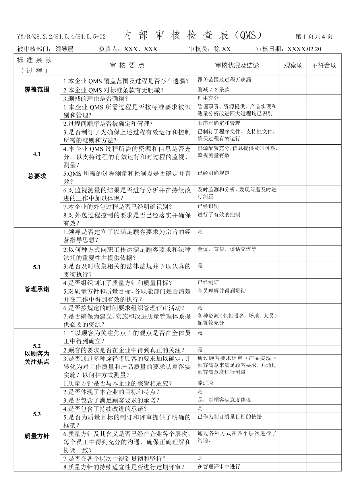企业质量管理体系QMS各部门内审检查表及审核结论_第1页