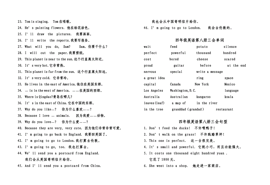 苏教版四年级英语三、四会单词句型表_第2页