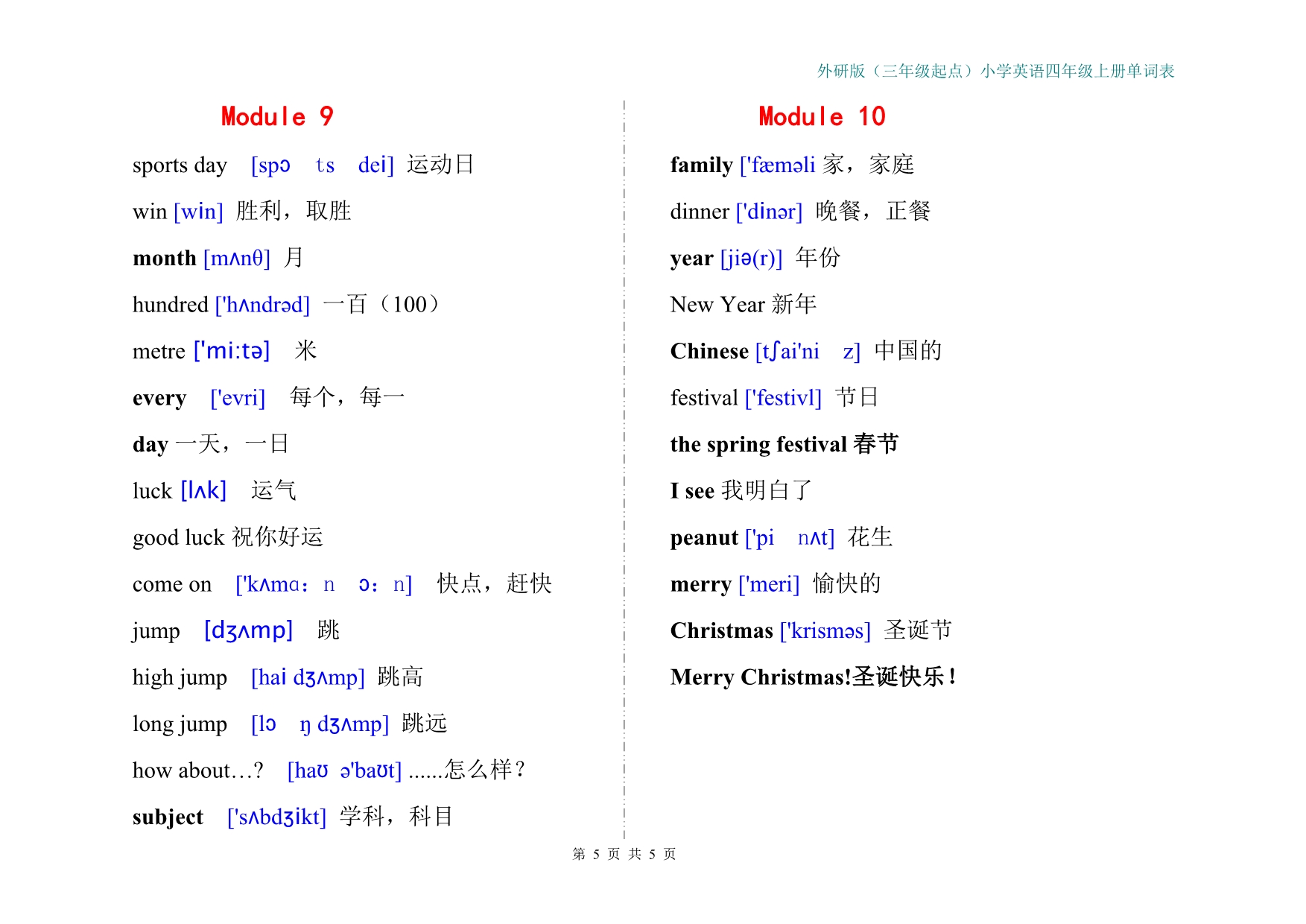 小学英语四年级上册(三年级起点)单词表(带音标)_第5页